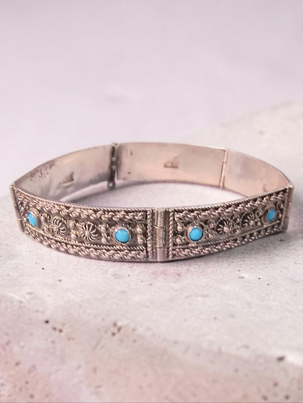 Vintage Turkish Nu-Nu Turquoise and 900 Silver Panel Bracelet 7 Inches
